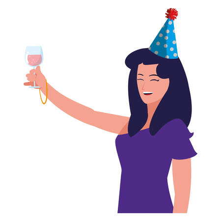 Cartoon woman with a party hat and holding a wine glass over white background, vector illustrationのイラスト素材