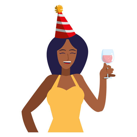 Cartoon woman with a party hat and holding a wine glass over white background, vector illustrationのイラスト素材