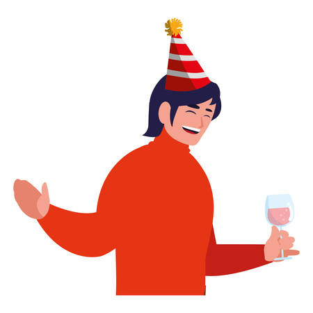 Happy man with a party hat and holding a glass over white background, vector illustrationのイラスト素材