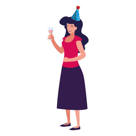 happy woman with party hat and holding a drink over white background, vector illustrationのイラスト素材