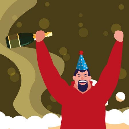excited man with a party hat and holding a champagne bottle over green background, vector illustrationのイラスト素材