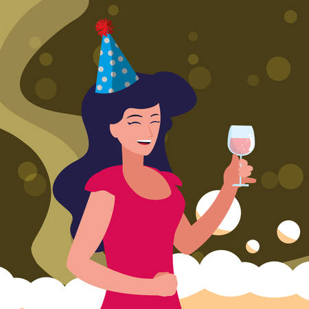 Cartoon woman with a party hat and holding a wine glass over green background, vector illustrationのイラスト素材