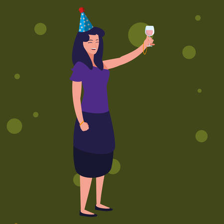 happy woman with party hat and holding a drink over white background, vector illustrationのイラスト素材