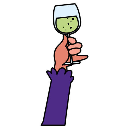 hand holding up a champagne glass over white background, vector illustrationのイラスト素材