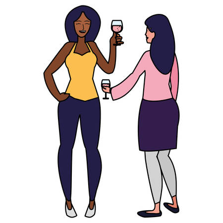 cartoon women enjoying wine glass over white background, vector illustrationのイラスト素材