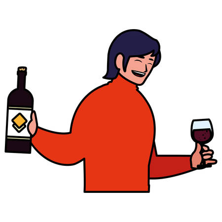 cartoon man with wine bottle and glass over white background, vector illustrationのイラスト素材