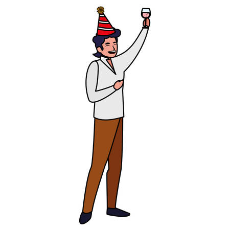happy man with party hat and holding a drink over white background, vector illustrationのイラスト素材