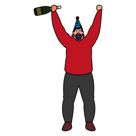 excited man with a party hat and holding a champagne bottle over white background, vector illustrationのイラスト素材