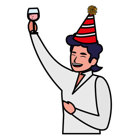 happy man with party hat and holding a drink over white background, vector illustrationのイラスト素材