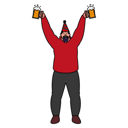 excited man with a party hat and holding a beer mug glasses over white background, vector illustrationのイラスト素材
