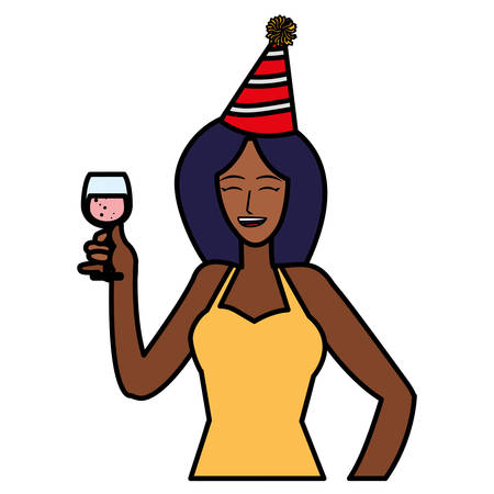happy woman with party hat and holding a drink over white background, vector illustrationのイラスト素材