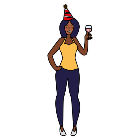 Cartoon woman with a party hat and holding a wine glass over white background, vector illustrationのイラスト素材