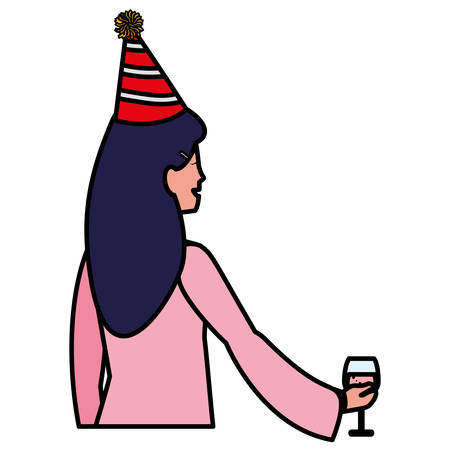 happy woman with party hat and holding a drink over white background, vector illustrationのイラスト素材