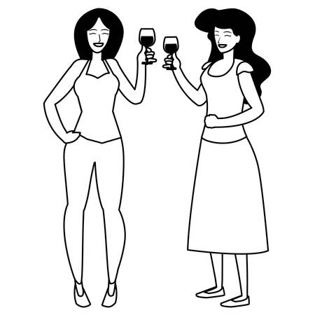 cartoon women enjoying wine glass over white background, vector illustrationのイラスト素材