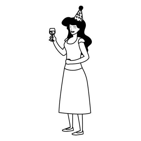 Cartoon woman with a party hat and holding a wine glass over white background, vector illustrationのイラスト素材