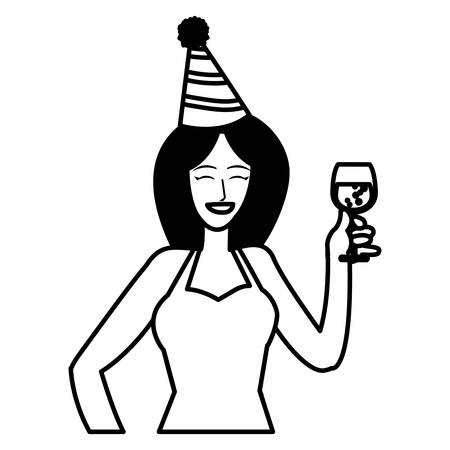 happy woman with party hat and holding a drink over white background, vector illustrationのイラスト素材
