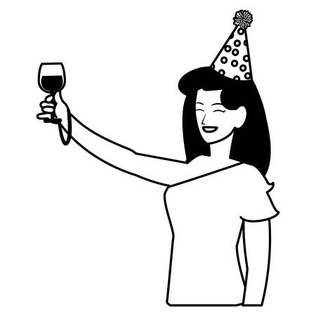 Cartoon woman with a party hat and holding a wine glass over white background, vector illustrationのイラスト素材