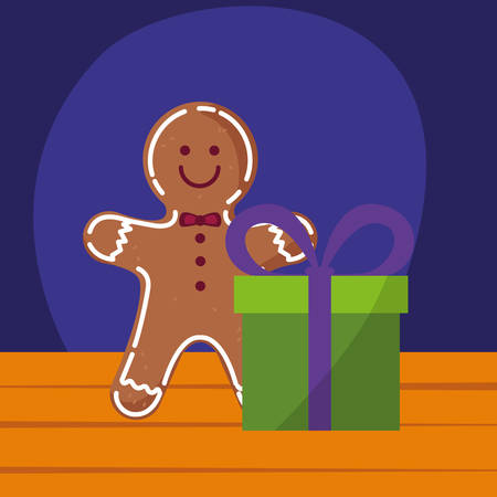 gingerbread man cookie and gift box over colorful background, vector illustrationのイラスト素材