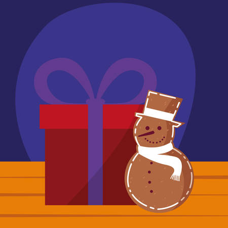 gift box and snowman over purple background, colorful design. vector illustrationのイラスト素材