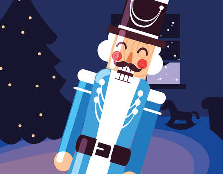 nutcracker toy and christmas tree over blue background, colorful design, vector illustration