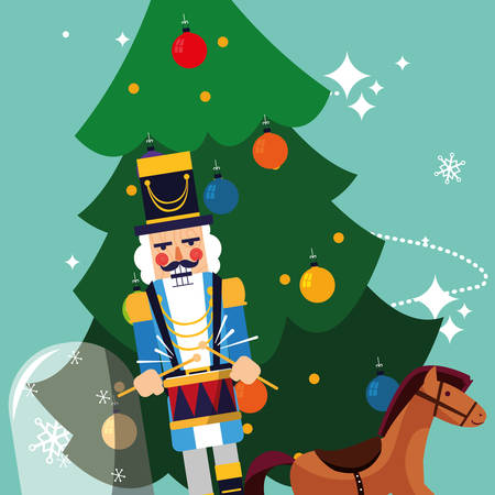 Christmas tree with wooden horse and nutcracker over blue background, vector illustrationのイラスト素材
