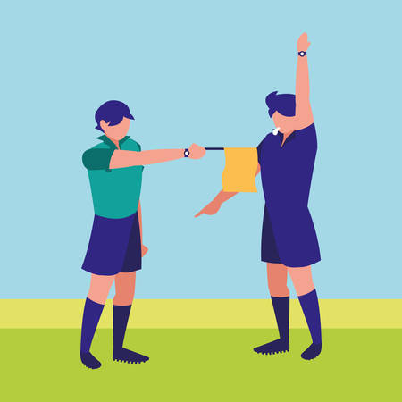 avatar soccer line referee showing the flag over field background, vector illustrationのイラスト素材