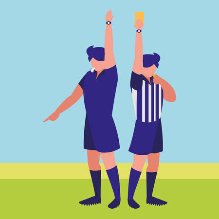 avatar soccer referee blowing the whistle over field background, vector illustrationのイラスト素材