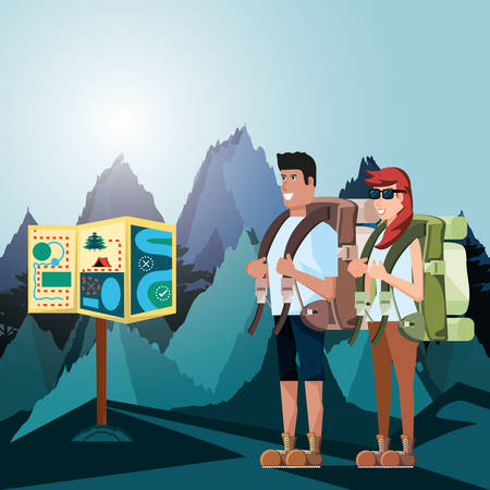 couple of tourists with landscape and icons vector illustration designのイラスト素材