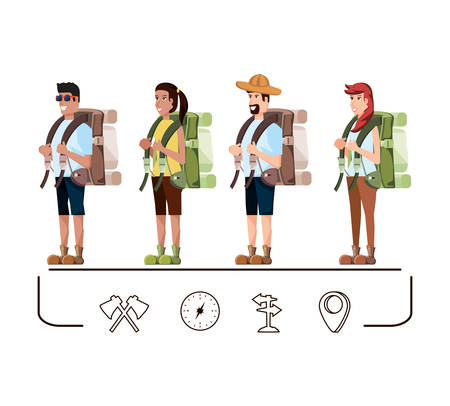 group of tourists and set icons vector illustration designのイラスト素材