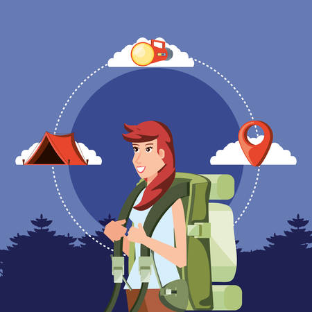 woman tourist with landscape and set icons vector illustration designのイラスト素材