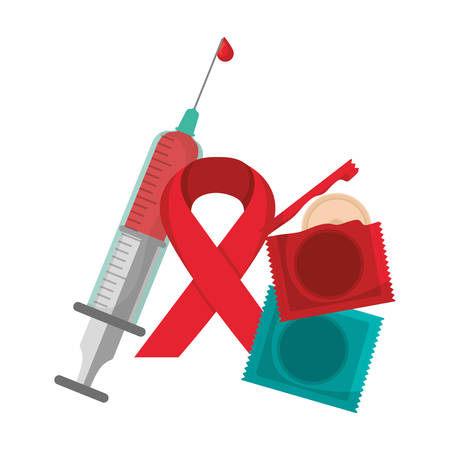 red ribbon with syringe and condoms hiv fight vector illustration designのイラスト素材