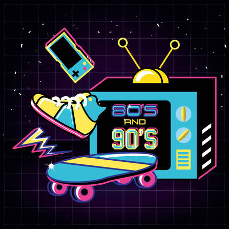televisor with icons of eighties and nineties retro vector illustration design