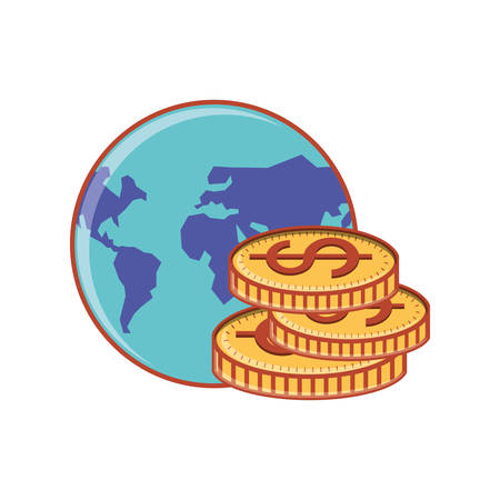 world planet with pile of coins dollar vector illustration designのイラスト素材