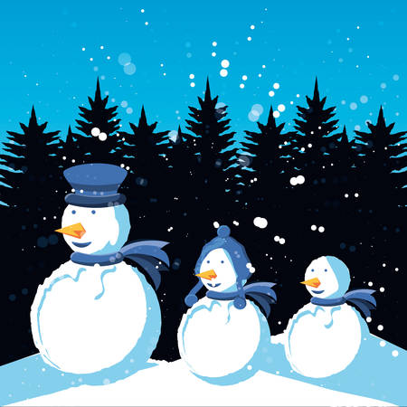 group snowmen with winter landscape of christmas vector illustration designのイラスト素材