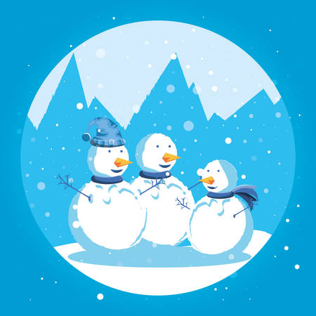 group snowmen with winter landscape of christmas vector illustration designのイラスト素材