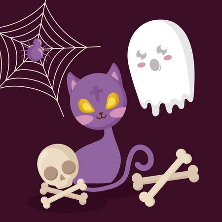 ghost with cat and icons halloween vector illustration designのイラスト素材