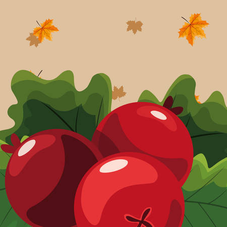 cranberries and leaves over orange background, vector illustrationのイラスト素材