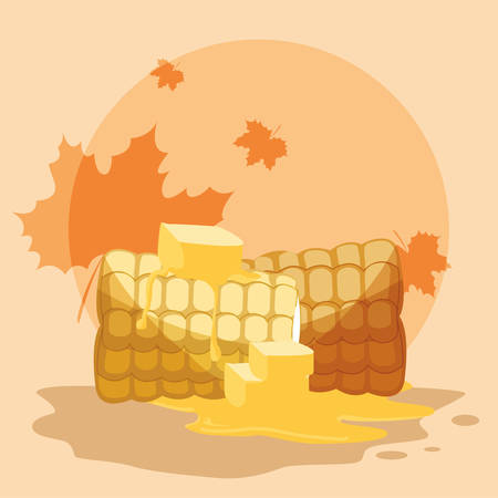 grilled corn and dry leaves around over orange background, vector illustrationのイラスト素材