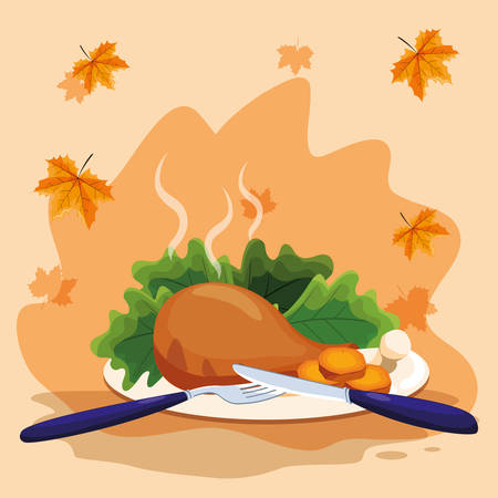 plate with chicken thigh with salad over orange  background, vector illustrationのイラスト素材