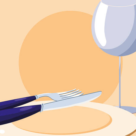 Wine glass and cutlery icon over orange background, vector illustrationのイラスト素材