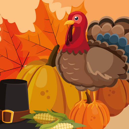 pilgrim hat and cartoon Turkey icon over white background, vector illustrationのイラスト素材
