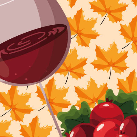 Wine glass icon over dry leaves background, colorful design, vector illustrationのイラスト素材