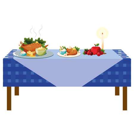 Thanksgiving table with roasted turkey and mashed potatoes over white background, colorful design. vector illustrationのイラスト素材