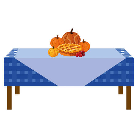 Thanksgiving table with pumpkin pie over white background, colorful design, vector illustrationのイラスト素材