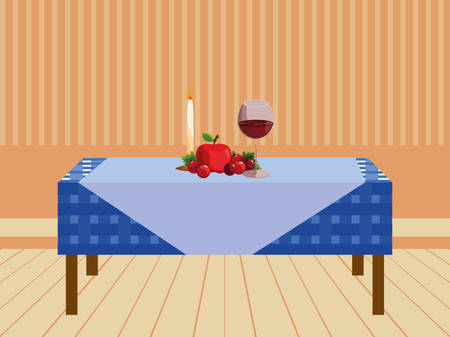 Thanksgiving table with apple and wine glass over orange background, colorful design. vector illustrationのイラスト素材