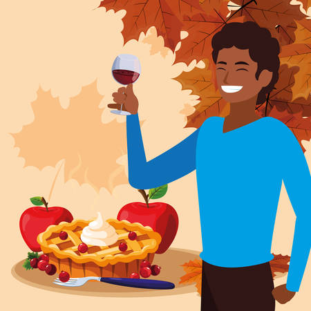 thanksgiving dinner design with cartoon man holding a wine glass and food around over orange background, colorful design, vector illustrationのイラスト素材