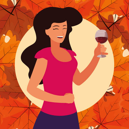 Thanksgiving design with cartoon woman smiling and holding a wine glass over orange background, vector illustrationのイラスト素材