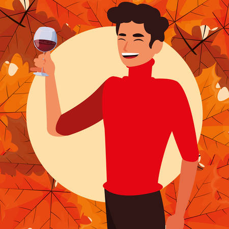 thanksgiving dinner design with cartoon man holding a wine glass and food around over orange background, colorful design, vector illustrationのイラスト素材