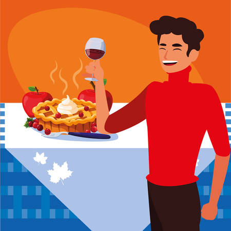 thanksgiving dinner design with cartoon man holding a wine glass and food around over orange background, colorful design, vector illustrationのイラスト素材