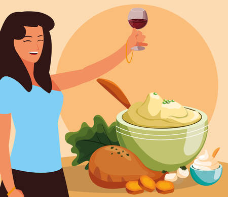 Cartoon woman holding a wine glass and chicken thigh and mashed potatoes bowl over orange background, colorful design. vector illustrationのイラスト素材